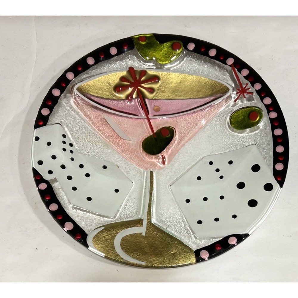 Fused Glass Serving Plate 11" Martini Dice Olives Lori Siebert for Silvestri‎